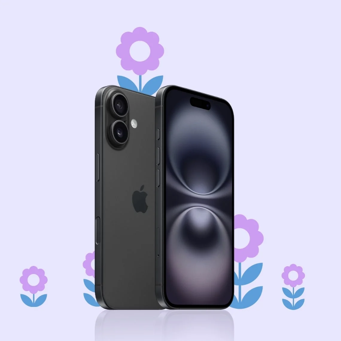 Black iPhone 16 angled front screen & back on a lavender background surrounded by purple flowers.