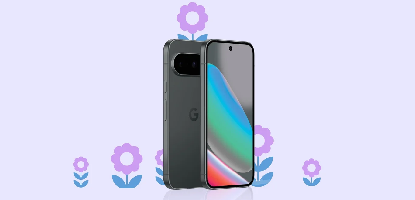 A Pixel 10 angled front screen & back on a lavender background surrounded by purple flowers.